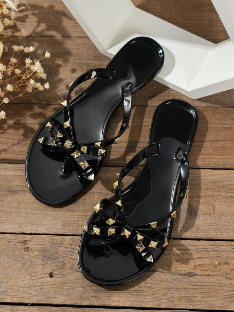 Product Introduction of Women's Fashion Rivet & Bow Decorated Toe Thong Sandals, Casual Versatile Flat Sandals for Beach Vacation, All-match Commuter Shoes for Work & Daily Wear 5