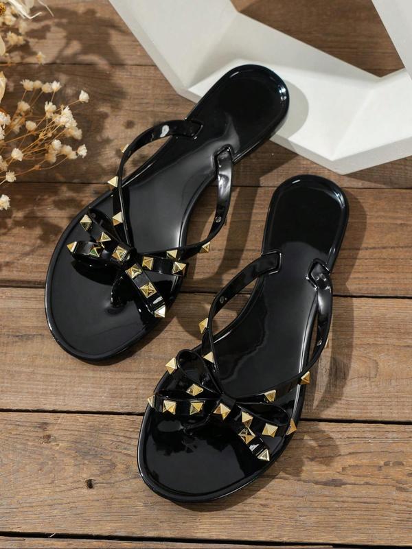 Women's Fashion Rivet & Bow Decorated Toe Thong Sandals, Casual Versatile Flat Sandals for Beach Vacation, All-match Commuter Shoes for Work & Daily Wear 4