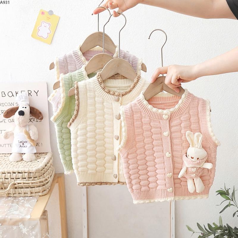 A931- Áo Cho Bé Gái Dáng Gile Chất Liệu Len Thỏ Cúc Tim Size 8-19kg