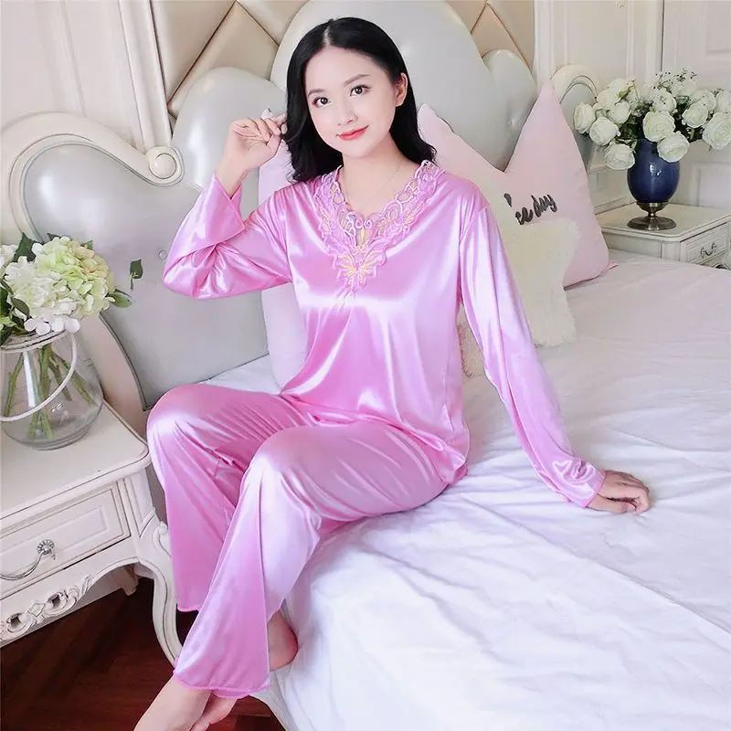 Bộ Đồ Ngủ Lụa, Dành Cho Nữ, Mùa Xuân Và Mùa Thu, Ren Dài Tay, Làm Bằng Lụa Nhân Tạo, Ngoại Cỡ, Thích Hợp Mặc Nhà, Mỏng, Phong Cách Hàn Quốc