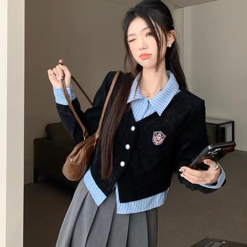 Áo sơ mi phối cadigan XIXEOSHOP thêu logo len tăm 2 lớp tay dài - A81 Nữ Women Top