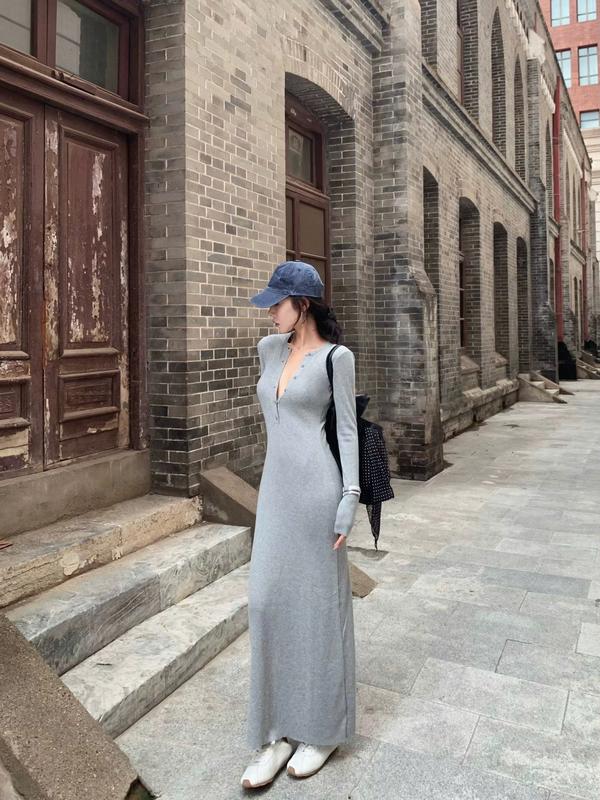 Đầm Len Gân Cổ Trụ, Tay Dài Đính Cúc - Tharo Clothing [DAM00057] 9