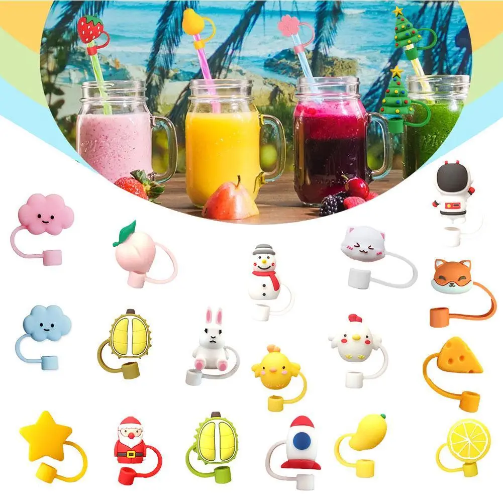 Cartoon Cute Dustproof Leakproof Easy Clean Soft Silicone Party Christmas Straw Resistant Heat K2N8