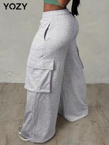 YOZY Plain Pocket Elastic Waist Wide Leg Pants, Casual High Waist Trousers, 2024 Women's All Season Outfits for Daily Wear