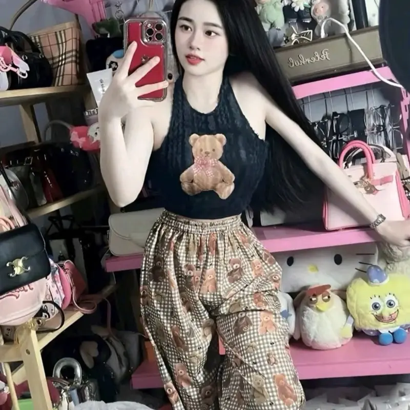 Sét bộ áo yếm lông in hình gấu quần dài ống suôn in hoạ tiết gấu như hình - Nữ, Top, Sen, Women, Nhung