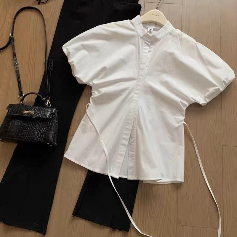 Áo sơ mi cộc tay cổ tàu dây buộc eo Samhyewear