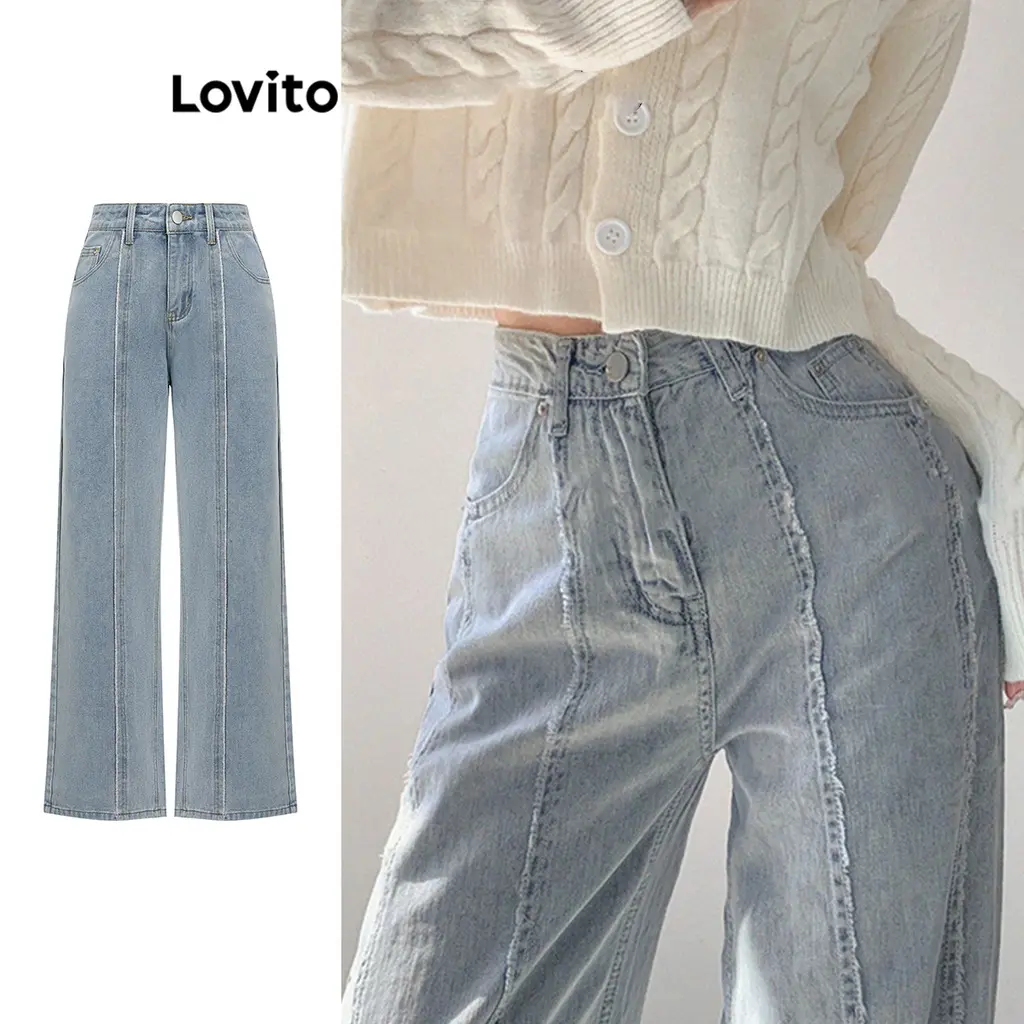 Casual Plain Raw Hem Washed Structure Line Jeans for Women L65ED091 (Light Blue)