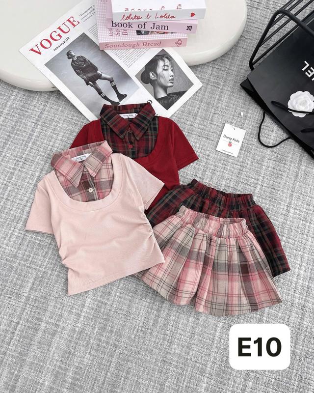 Dung Kids 05 - E10 Set kẻ 2 màu, Áo Pha Cổ sơ mi kẻ kèm chân vát xòe xinh xắn cho bé gái 0