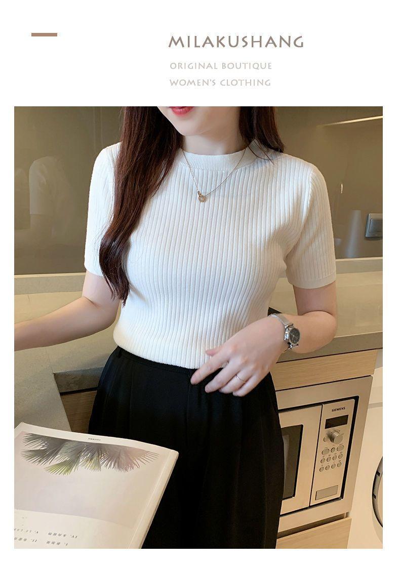 Product Introduction of Áo Dệt Kim, Dáng Ôm, Áo ngắn Tay, Áo Chui Đầu Nữ, Có Thể Mặc Bên Trong, Ngắn, Hàng Mới Về Mùa Hè 2024, Áo Sơ Mi Lớp Nền Cổ Tròn 20