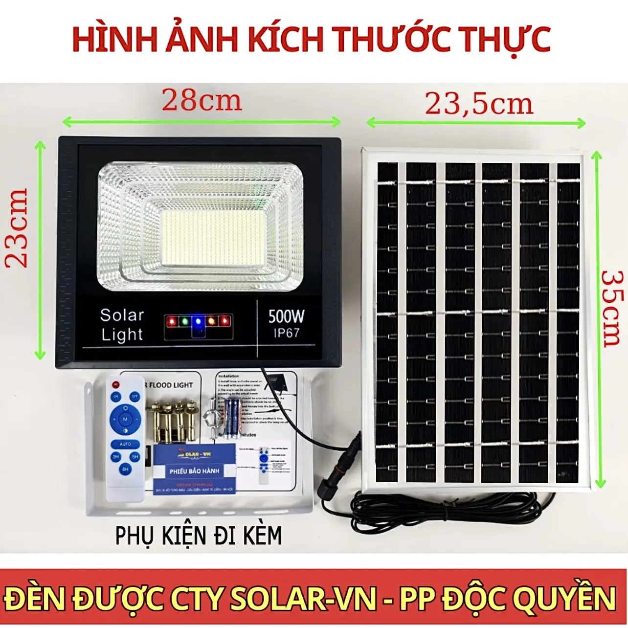 Đèn năng lượng Mặt trời 500W sáng 12tiếng, diện tích sáng 30-50m2, kích thước đèn 23*28cm, pin 35*24cm