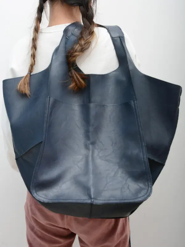 Plain Color Large Capacity Tote Bag,  Fashion Casual Shoulder Bag for Women, Vintage Style Pu Leather Tote Bag for for Work Travel 0