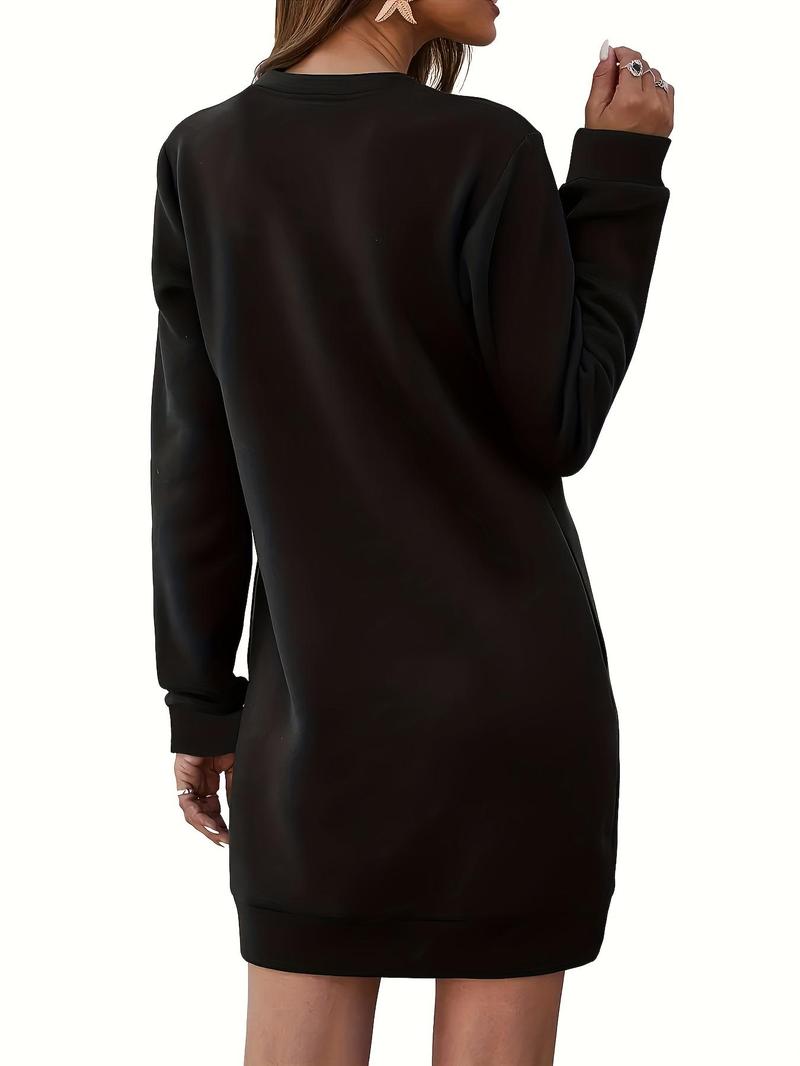 Product Introduction of Women's Letter & Christmas Print Pocket Thermal Lined Sweatshirt Dress, Casual Long Sleeve Round Neck Short Dress for Fall & Winter, Christmas Party Dress, Women's Clothes for Daily Wear 5