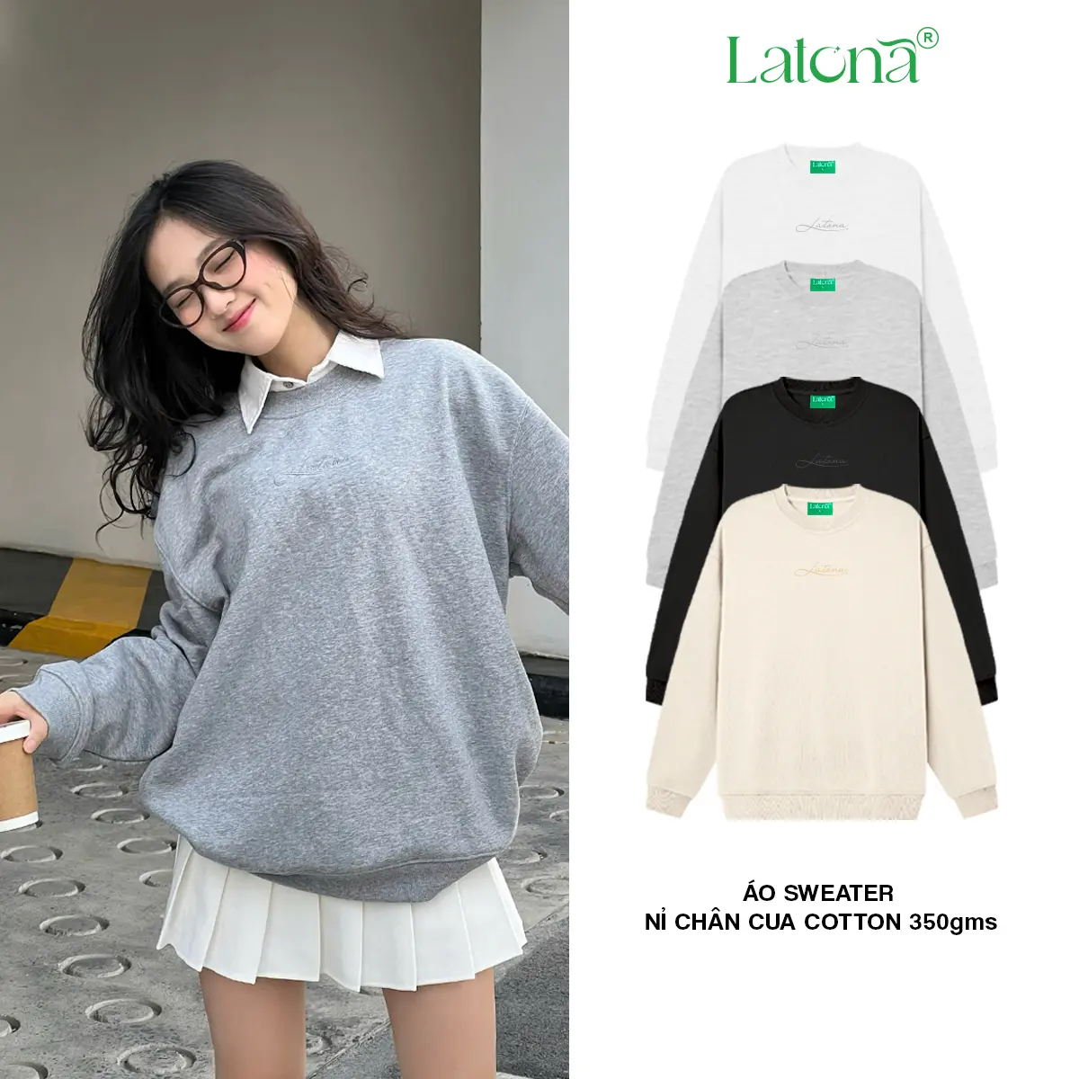 Sweater Nỉ Chân Cua Cotton 350gsm Thêu LATONA Signature Unisex Áo nam nữ Cổ Tròn Local Brand