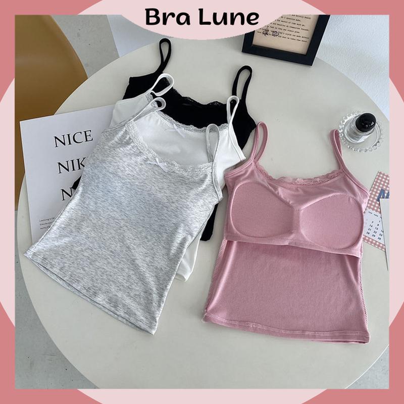 SET 3 Áo Bra nữ cotton Áo 2 dây ôm sát body đính nơ dễ thương BRALUNE, áo ngực nữ có mút ngực phối ren Mã 641 Women Top Thun