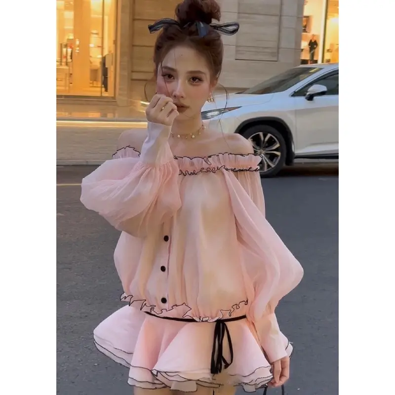 Váy trễ vai bèo viền đen chất tơ xốp dáng bí có quần rời - Nữ - Women - Tre Dress Teheeshop váy  tiệc 8