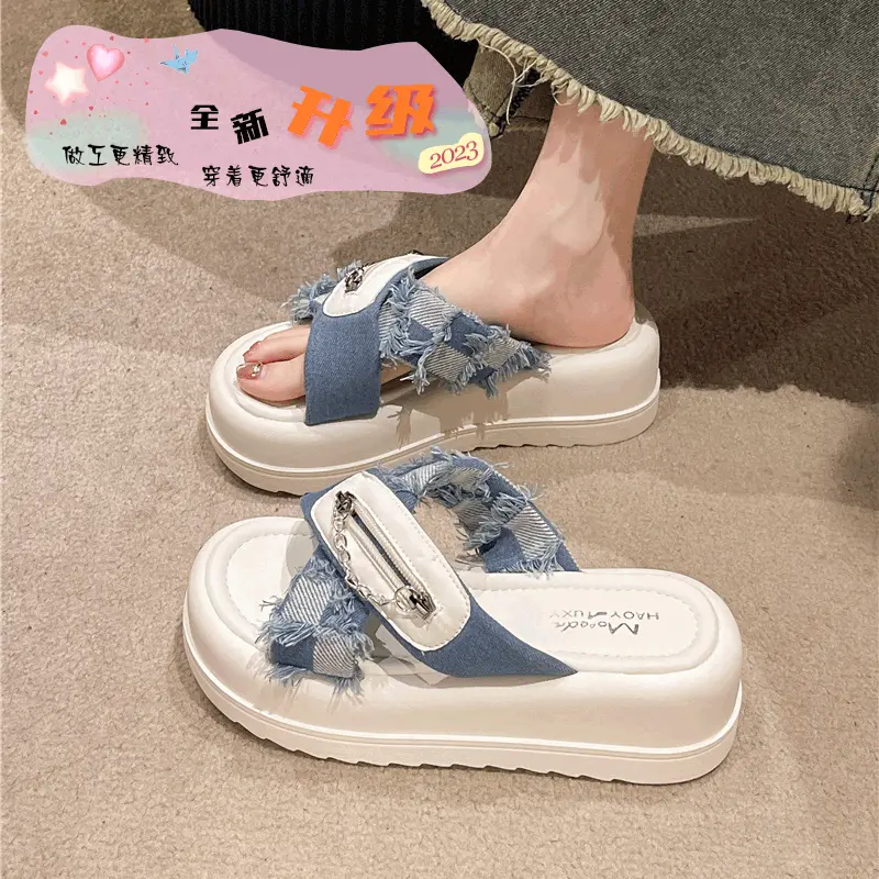 Dép Denim, Cao Cấp Cho Nữ, Đế Dày, Tăng Chiều Cao, Chống Trượt, Dép Xỏ Ngón Đế Thời Trang, Hàng Mới Về Mùa Hè 7