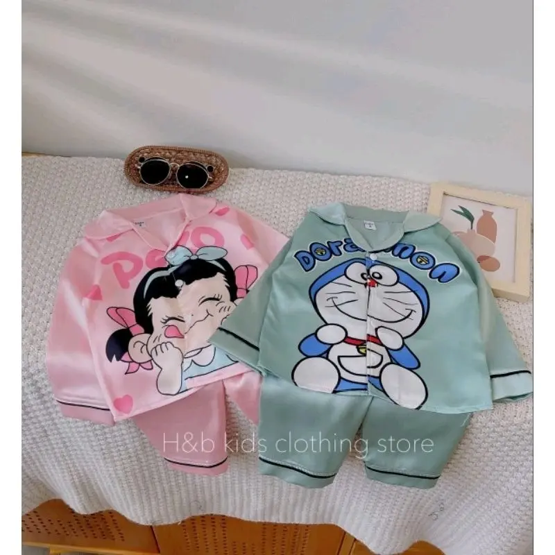 Pijama Lụa Cho Bé Trai Bé Gái, Đồ Ngủ Cho Bé đá đôi ngắn 100% cotton nguyên chất-màu trắng gree