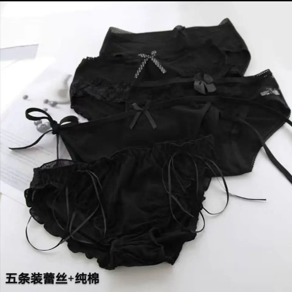 Đồ Lót Nữ, Phong Cách Nhật Bản, Ren 2 + Cotton Nguyên Chất 3, Màu Đen, Gợi Cảm, Bộ Năm Gói, Thích Hợp Cho Năm 2024