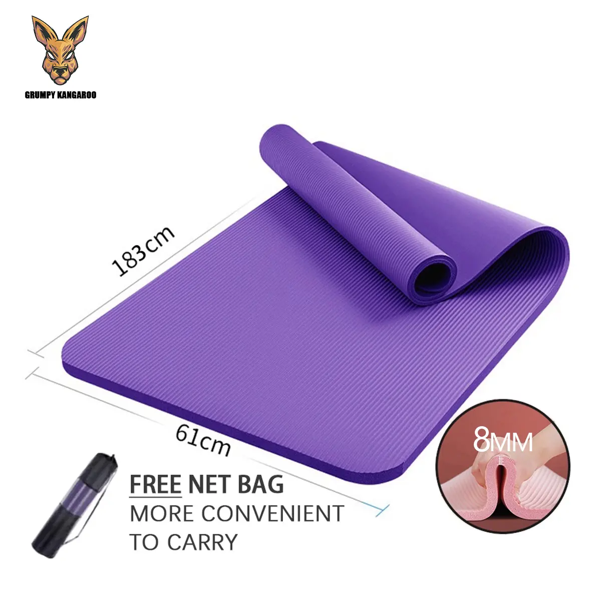 Thick Yoga Mat Non-Slip 183 X 61 Cm Exercise With Net Bag And Strap 8mm Thick