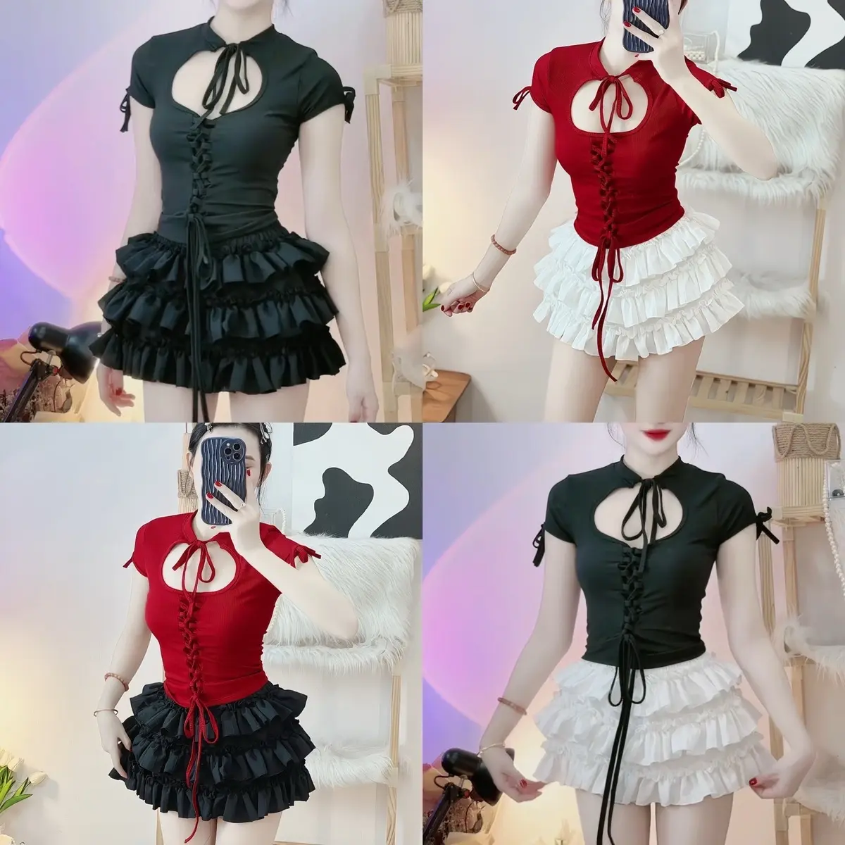 Set áo nơ cổ đan dây phối chân váy tầng xoè _VEEMEEHOUSE