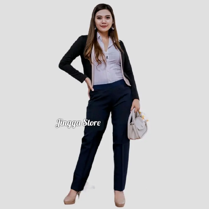 Celana kain formal wanita pinggang karet elastis warna hitam abu navi coklat muat sampai bb 75 Panjang Katun Kulot Linen Bawahan Navy 4