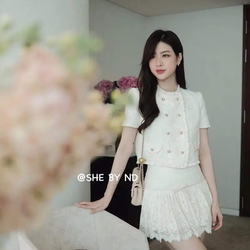 BIGSIZE HIẾU HIẾU (55-95KG) - Set thời trang nữ thiết kế ren sang chảnh dự tiệc Áo tay ngắn phối nút + Chân váy chữ a