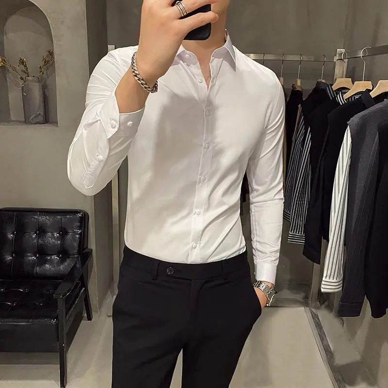 Áo Sơ Mi Nam, Màu Trắng, Dài Tay, Phong Cách Doanh Nhân, Trang Trọng, Thường Ngày, Không Nhăn, Chống Nhăn, Phong Cách Hàn Quốc, Hợp Xu hướng, Cao Cấp, Inch áo  sơ  mi  nam  cổ  chữ  v