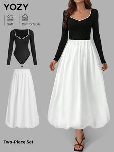 YOZY Two-piece Set Women's Contrast Binding Button Bodysuit & Elastic Waist Skirt, Casual Sweetheart Neck Long Sleeve Top & A Line Skirt for Daily Wear, Ladies Fall & Winter Clothes
