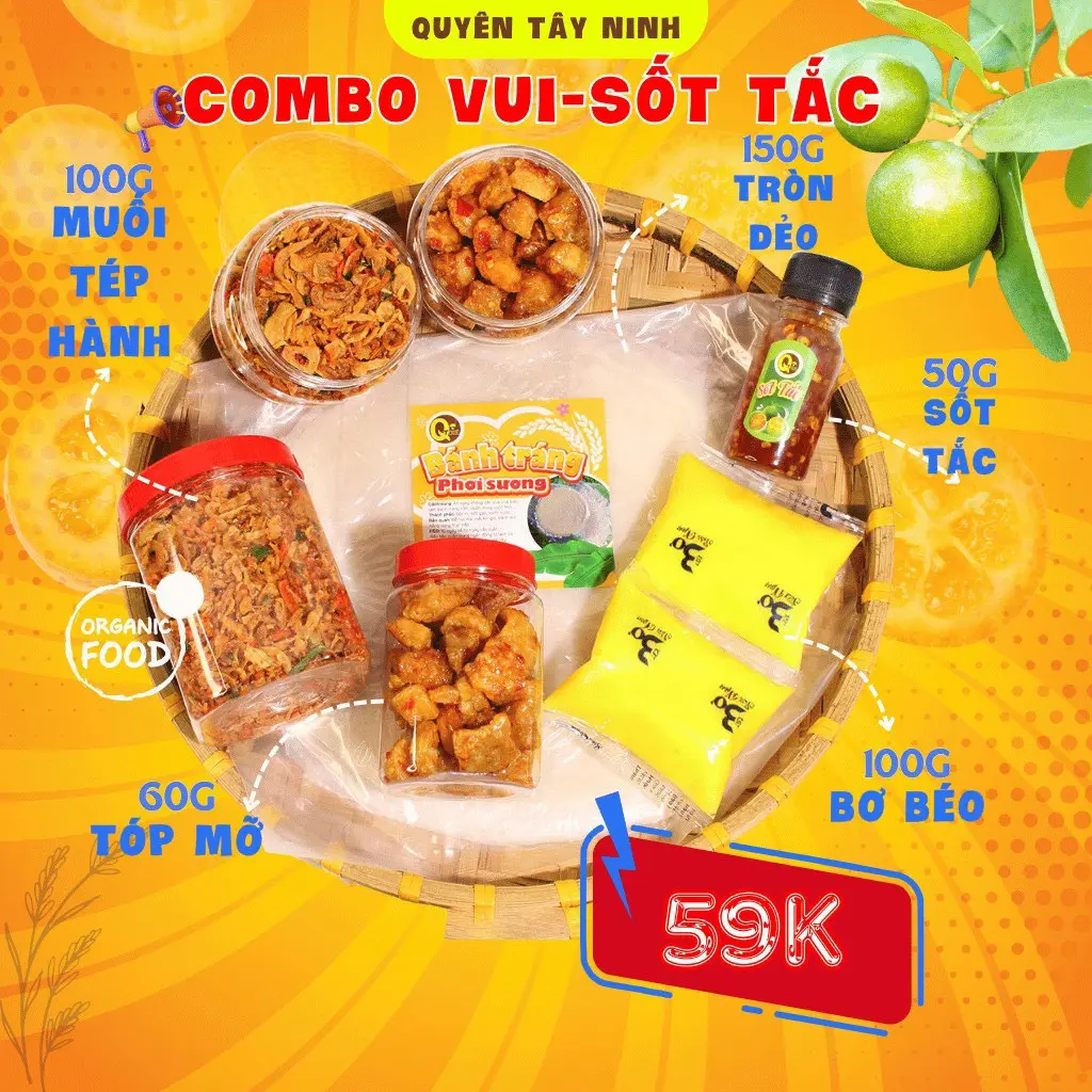 Combo vui Bánh tráng phơi sương - muối tép hành phi, bánh tráng tròn dẻo, bơ béo, sốt tắc