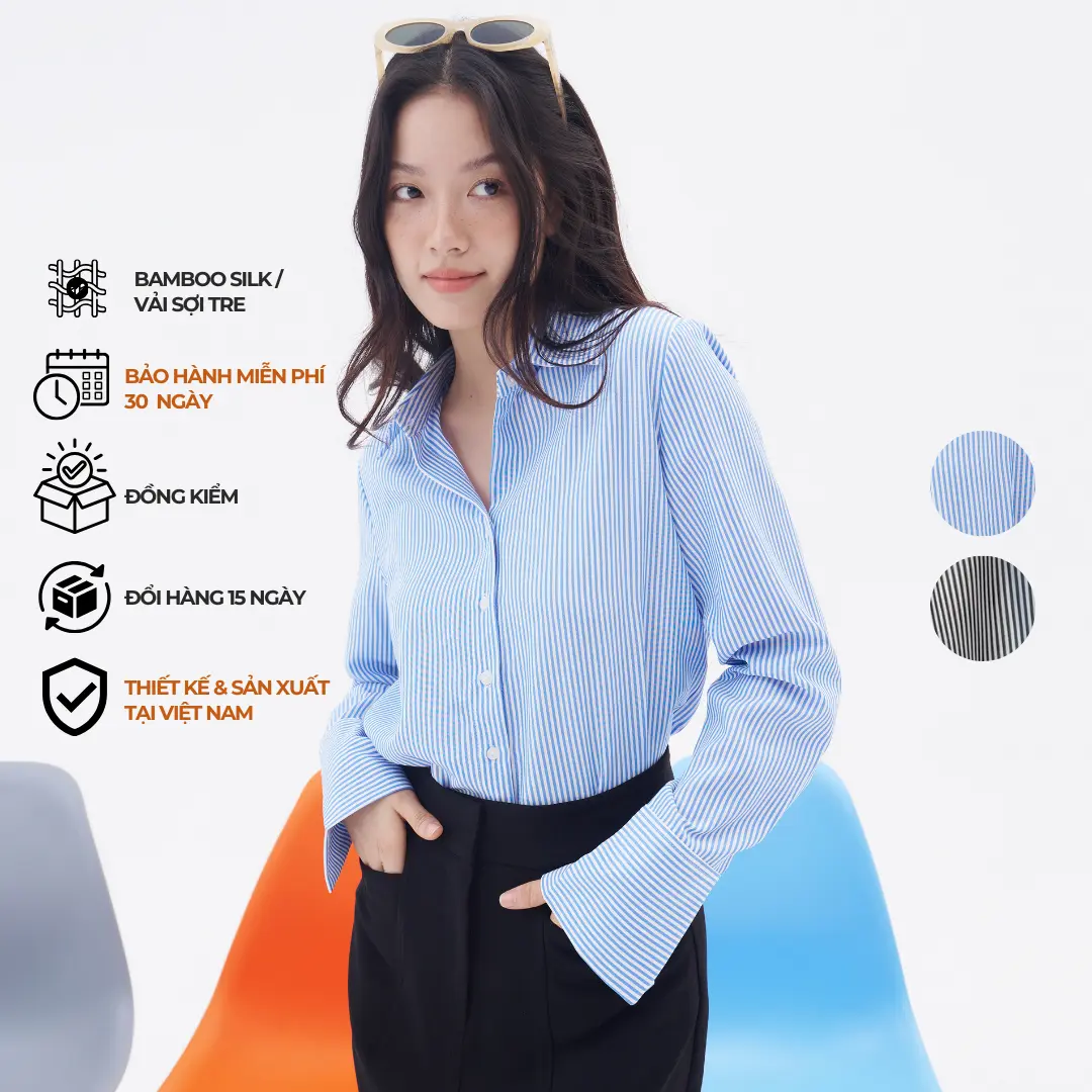 Thekat.shop - Áo Sơ mi tay dài kẻ sọc xanh chất vải bamboo thoáng mịn mát mẻ mùa hè