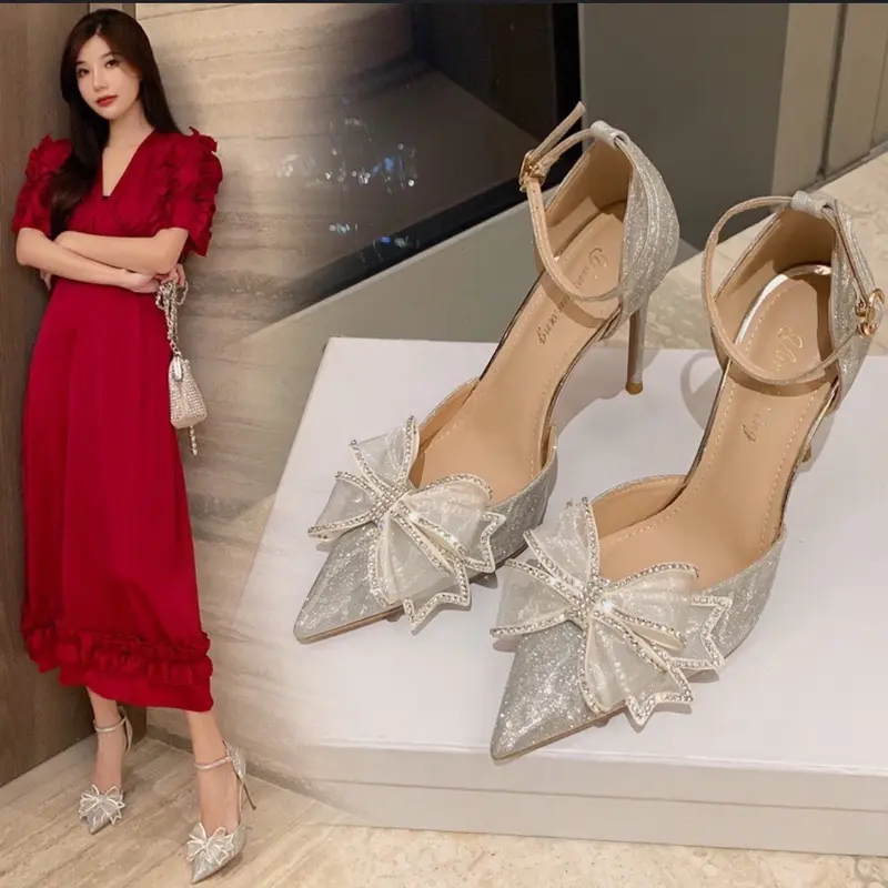 Giầy cao gót nữ săm bô bít mũi bít gót chất liệu lụa kim sa phối nơ cánh tiên viền xoàng sang trọng êm mềm gót cao 7 p và 9 p 3