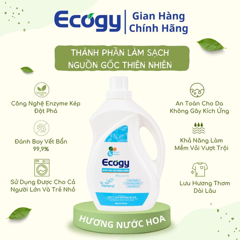 ECOGY Combo 3 can Nước giặt xả thiên nhiên hương nước hoa 2Kg/can, dạng lỏng, có chất tẩy từ Enzym thiên nhiên; An toàn với quần áo của bé & người lớn; Lưu hương thơm & mềm vải, tẩy sạch khuẩn Làm Sạch 1