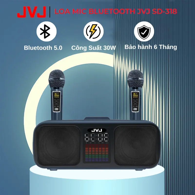 Loa bluetooth karaoke 2 mic SD-318 JVJ Không dây, kèm 2 mic công suất lớn 30W  có ba màu vàng, xanh, ghi dùng để Nghe Nhạc và Hát Karaoke - Bảo hành 6 Tháng 0