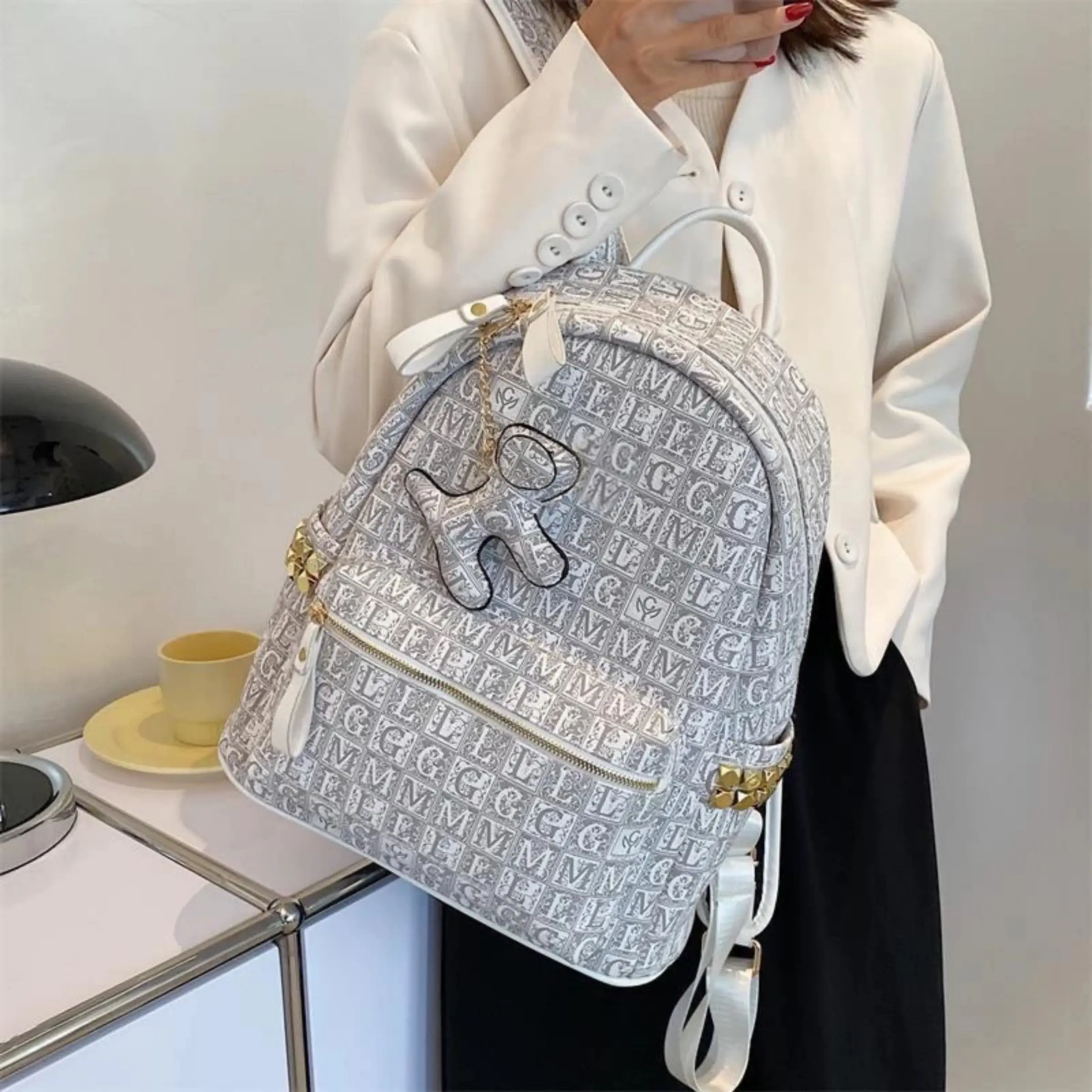 Balo da hoạ tiết phối móc Cún ,Balo nam nữ chữ G.M-L size 40 đi học vừa Sách A4 Laptop Atlat Bag Đeo Vai Hoa Backpack