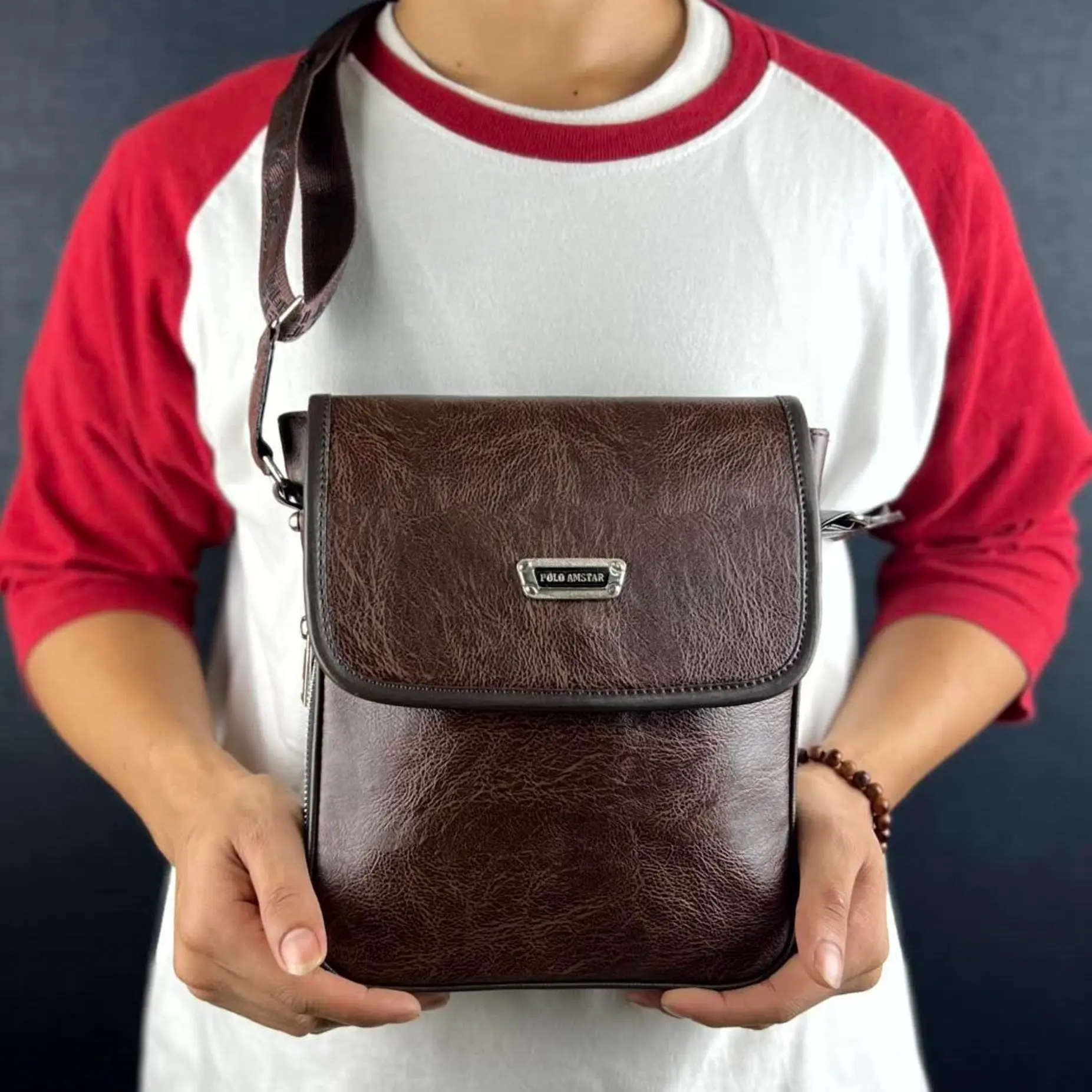 Tas Selempang Pria Kulit  PU Leather Polo Amstar Pria Slingbag Dewasa