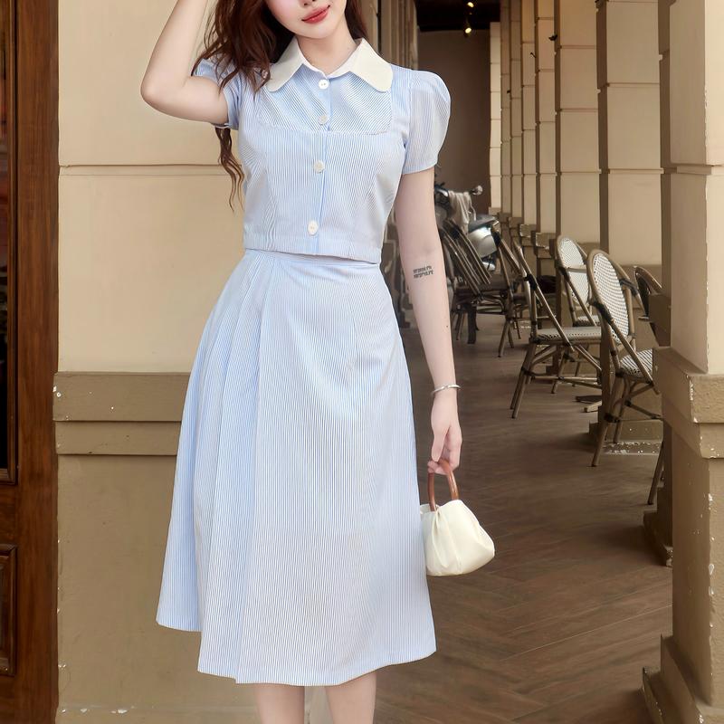  Set chân váy áo xanh sọc thanh lịch áo cổ sơ mi tay ngắn chân váy dài chữ a đẹp thiết kế cao cấp đi tiệc đi làm Lux W Fashion 