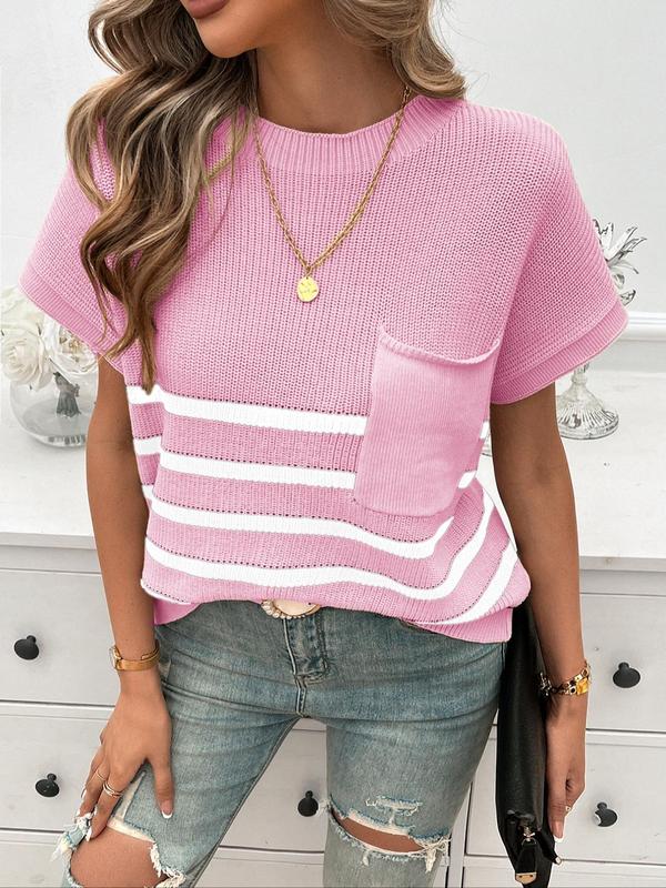 Women's Striped Print Pocket Batwing Sleeve Knit Top, Casual Short Sleeve Round Neck Knitwear, Fashion Ladies' Knit Clothing for Summer Daily Wear 8