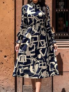 Women's Geometric Print Dress, Casual Long Sleeve Dress for Spring, Women's Clothing for Daily Wear