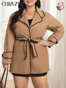 CURVZY Plus Size Contrast Binding Belted Coat, Elegant Lapel Long Sleeve Outwear for Women, Women's Clothing for Fall & Winter