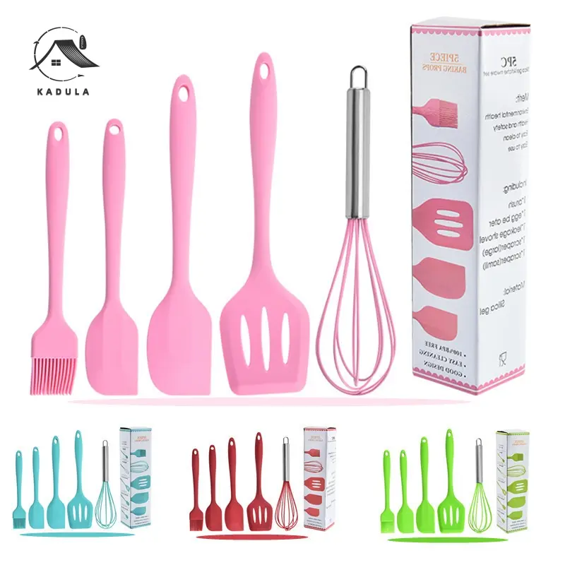 COD KADULA Spatula Set Alat Masak 5 In 1 Sutil Scrap Kocokan Silicone/Silikon QB-5 Hijau Hitam