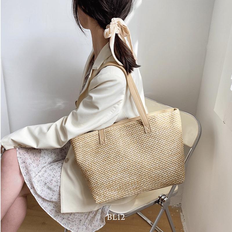 Túi Tote Nữ Cói dệt thủ công phối da mặt sau và dây dạng túi cỡ lớn sang trọng đi biển, du lịch thời trang Hàn Quốc - Mely BL12 8