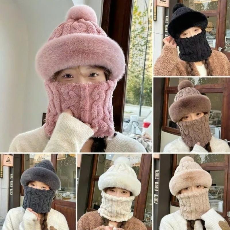 Mũ len lông cừu trùm đầu 1 quả bông che tai,cổ chống gió lạnh, Set mũ len kèm…