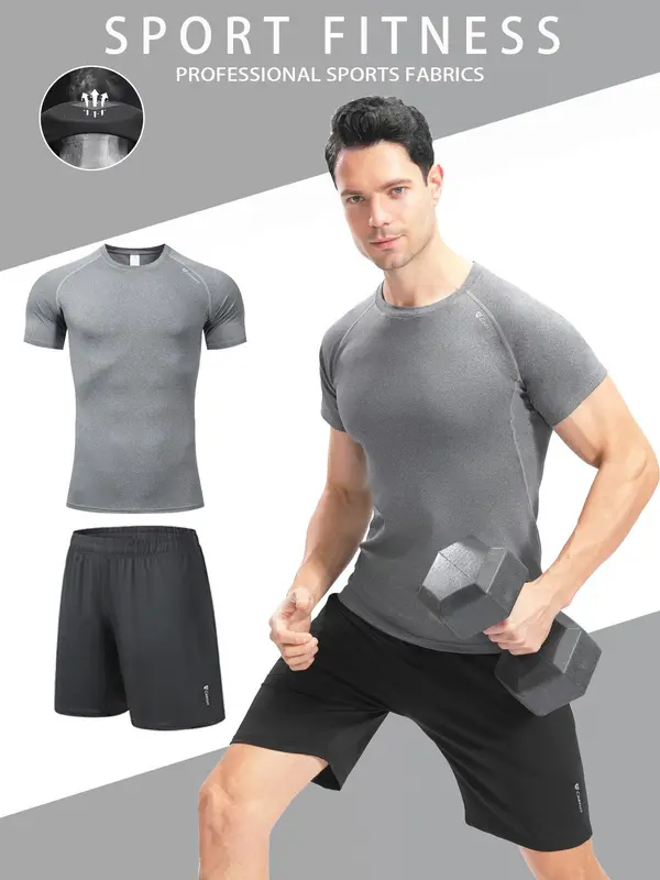 Two-Piece Set Men's Solid Color Sportswear Set, High Stretch Breathable Quick Drying Round Neck Short Sleeve Compression T-shirt & Pocket Design Drawstring Waist Gym Shorts, Casual Sportswear Set for Running Gym Workout 0