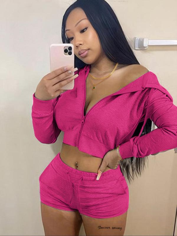 Two-Piece Set Women's Solid Zip Up Crop Hoodie & Drawstring Waist Shorts Set, Long Sleeve Cropped Hooded Top & Pocket Track Shorts, Casual Spring & Fall Clothes for Outdoor 2