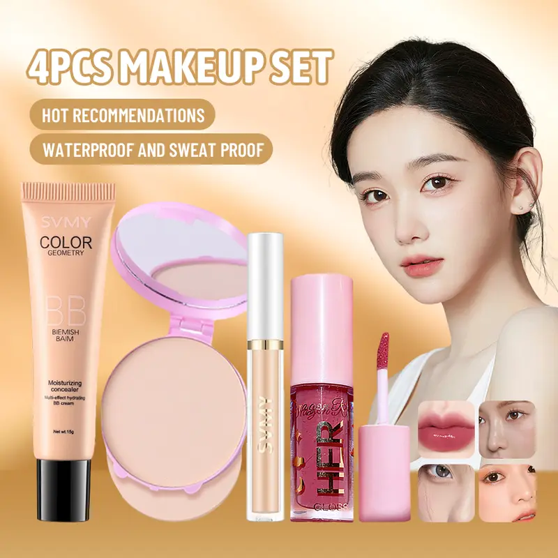 Bộ Trang Điểm, 4 Cái, Son Kem, Phấn Ép, Kem BB, Kem Che Khuyết Điểm, Kết Hợp Cao Cấp, Mỹ Phẩm Giá Rẻ Cosmetic Nữ Son Môi Kem Lót Cushion 0