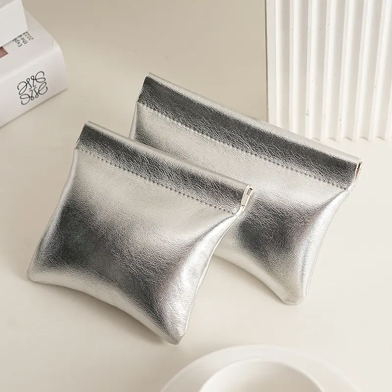 Korean Style Small Silver Bag Portable Data Cable Storage Bag Automatic Closed Shrapnel Wired Headset Portable Mini Digital Bag
