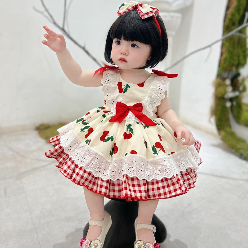 Form Nhỏ (Bé Cưng Store) Váy Lolita Quả Chery Phối Caro Đỏ Chất Thô Cotton Cho Bé Gái 4-19 Kg(1-5 tuổi)3 Món Váy+Chip+Tuban,Váy Đầy Tháng Sinh Nhật Sự Kiện Du Lịch
