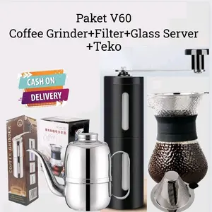 Gelas kopi V60 Set + Manual grinder+ gelas server+teko 18 oz Paket 2 V60 coffee