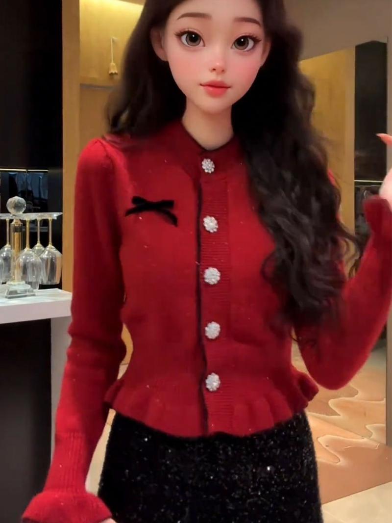 Product Introduction of Áo Cardigan Dệt Kim, Màu Đỏ, Dài Tay, Dành Cho Nữ, Mùa Thu Và Mùa Đông, Cao Cấp, Xếp Nhún, Khâu Ngắn, Cỡ Nhỏ Áo Trên 10