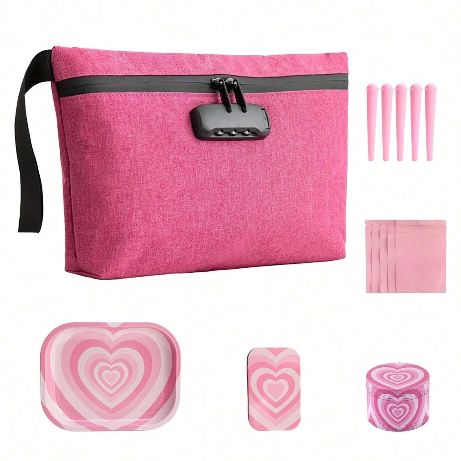 Heart Pattern Smell Proof Bag with Combination Lock, 14pcs/set Including Storage Bag & Tube & Mylar Bag & Tin Case & Grinder & Tray, Home Organizer